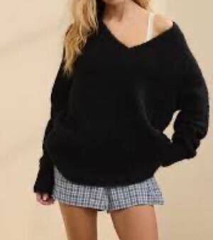 Aerie Teddy Boucle Navy Fuzzy V Neck Oversized Y2K Cozy Comfy Sweater Sz XS